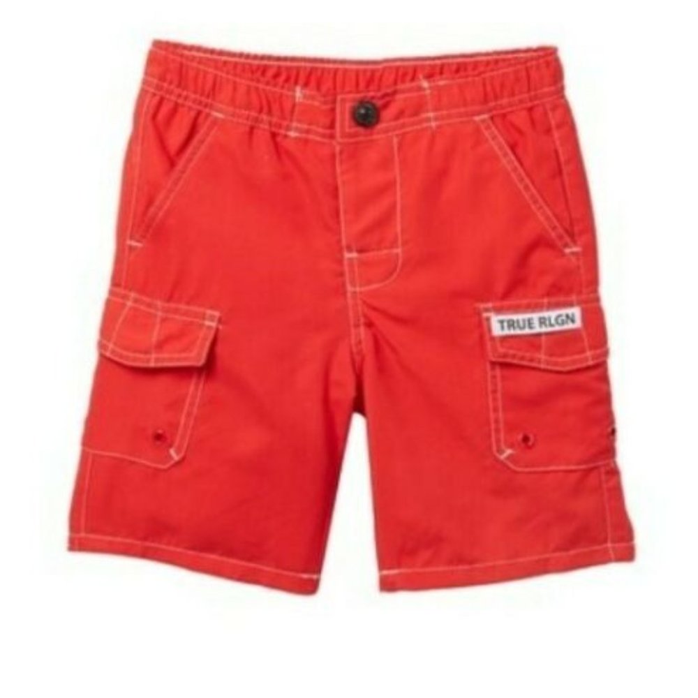 NWT Little Boys $49 True Religion Cargo Swim Shorts/Trunks Navy/Red Sz 6